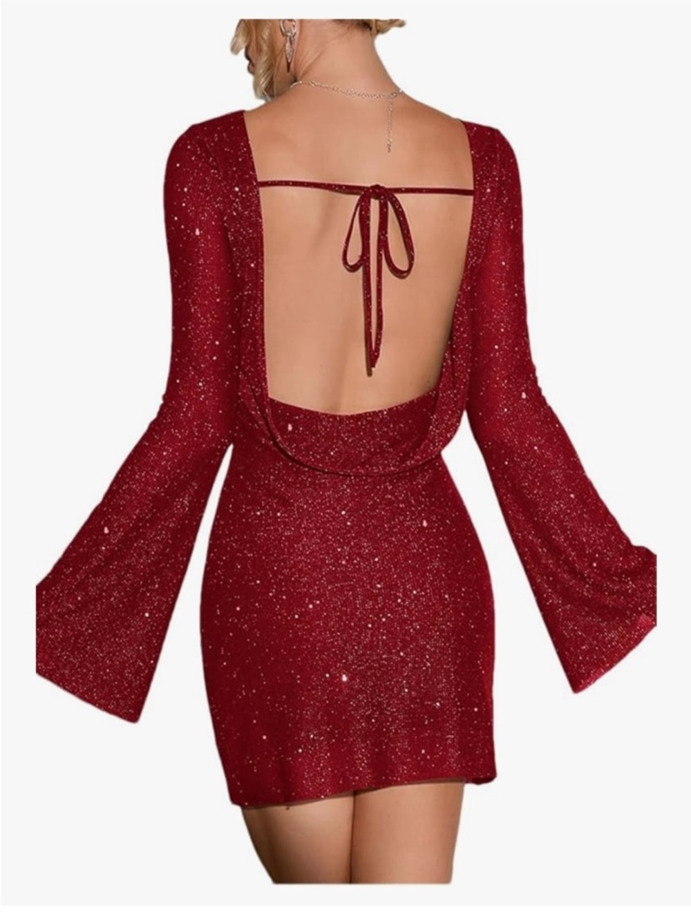 Women’s Sparkly Red Long-Sleeve Mini Dress with Open Back - Picture 2 of 12